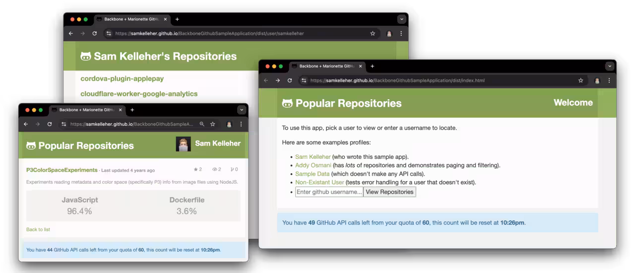 Backbone + Marionette GitHub Repository List - Sample Application